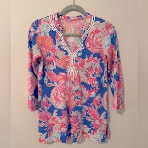 Lilly Pulitzer Classic Pink/Blue Kaia Knit 3/4 Sleeve Cotton V-Neck Tunic. Sz XS